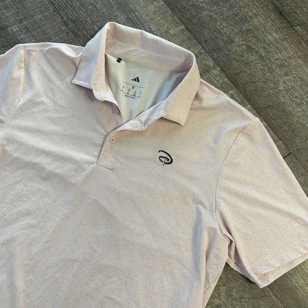 Disney Adidas Golf Polo Shirt Mens Medium Pink Patterned D Logo Performance